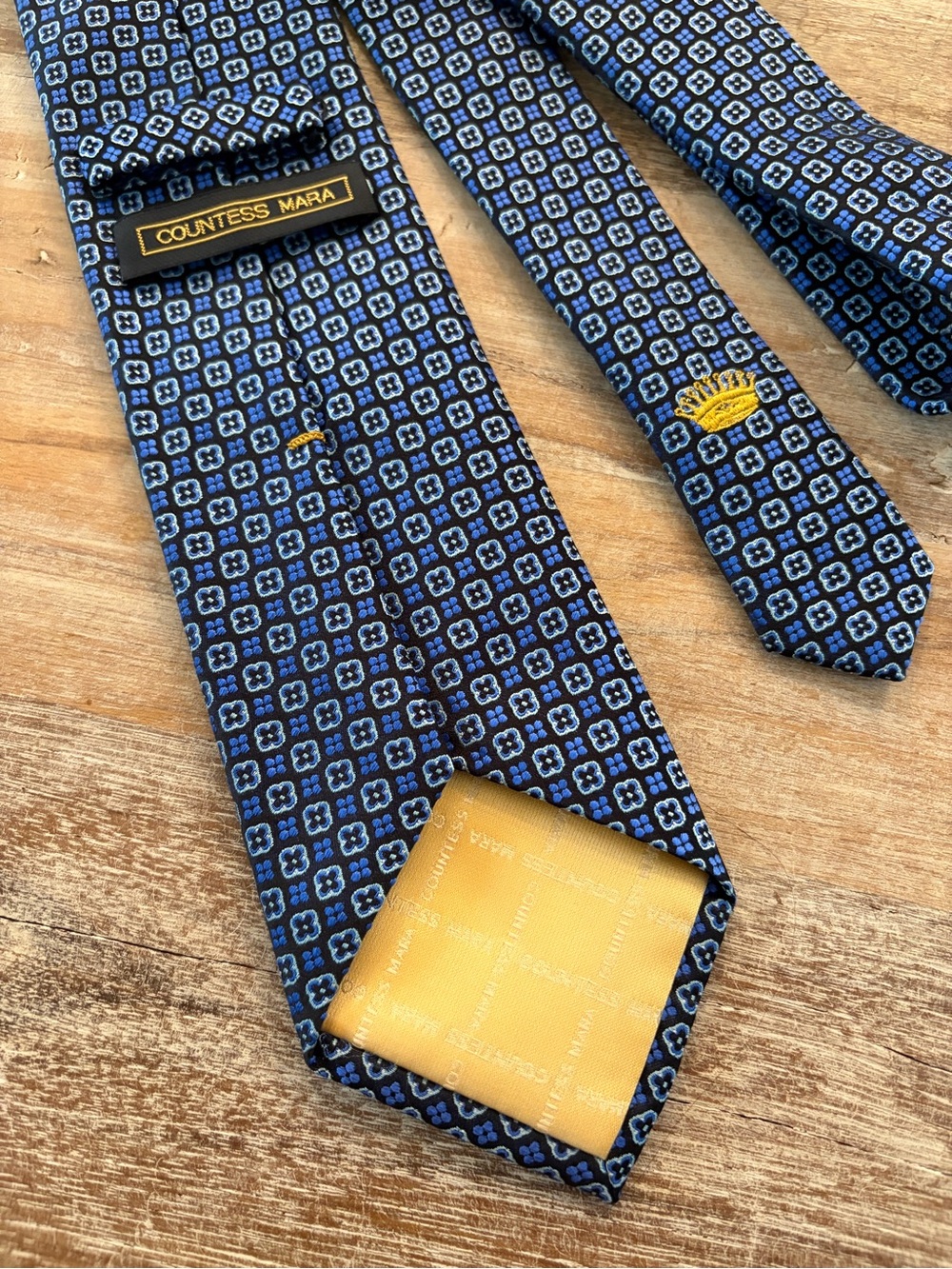Countess Mara 100% Silk Tie Blue Geometric Necktie Blue Gold Crown Logo